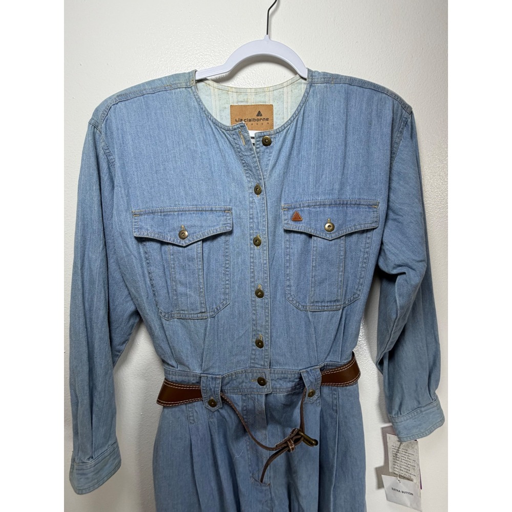 Liz‎ Claiborne Vintage Denim Jumpsuit Light Wash Cotton Belted NWT Size 14 - Picture 2 of 12